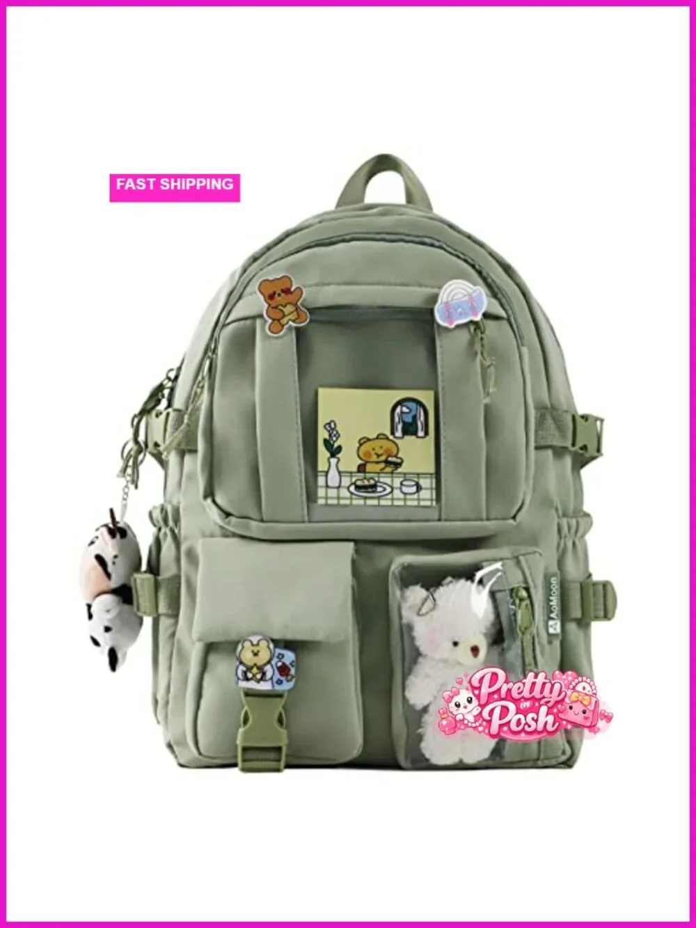 Kawaii Backpack for Teen Girls Aesthetic Student Bookbag with Pins